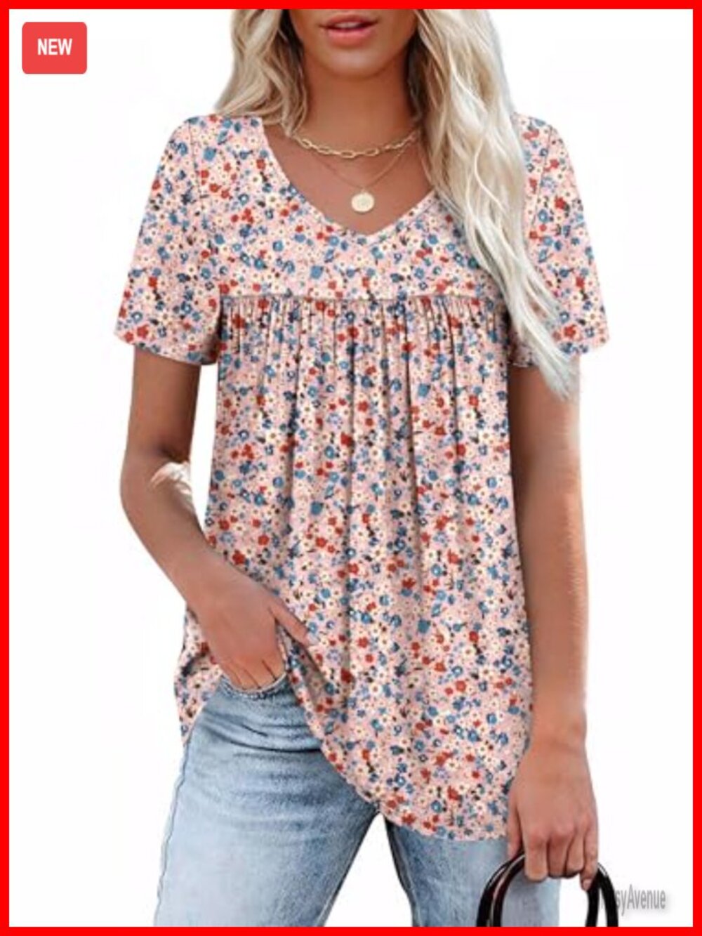 Women's Short Sleeve Pleated V-Neck Casual Summer Top Blouse